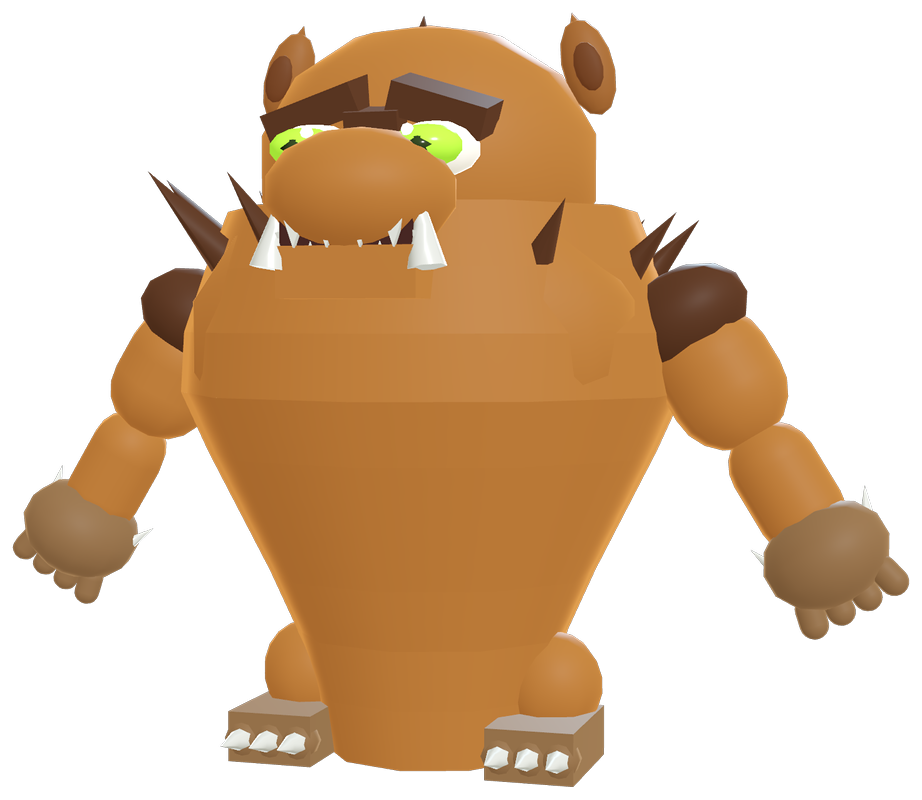 Bippity, a stout brown goblin with spiky shoulders, big tusks and bright green eyes.