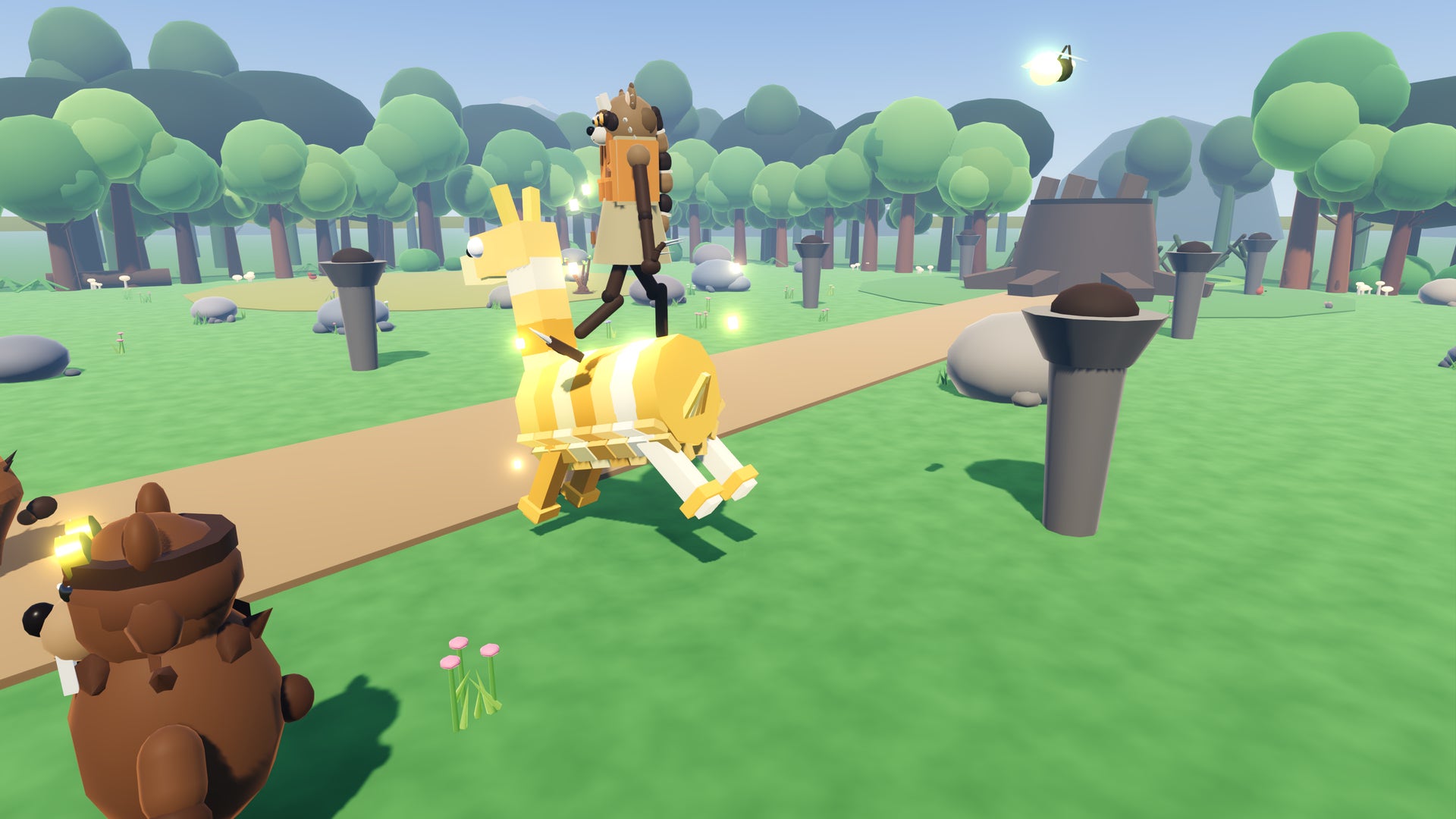 All Powers riding a golden paper llama piñata across the field.