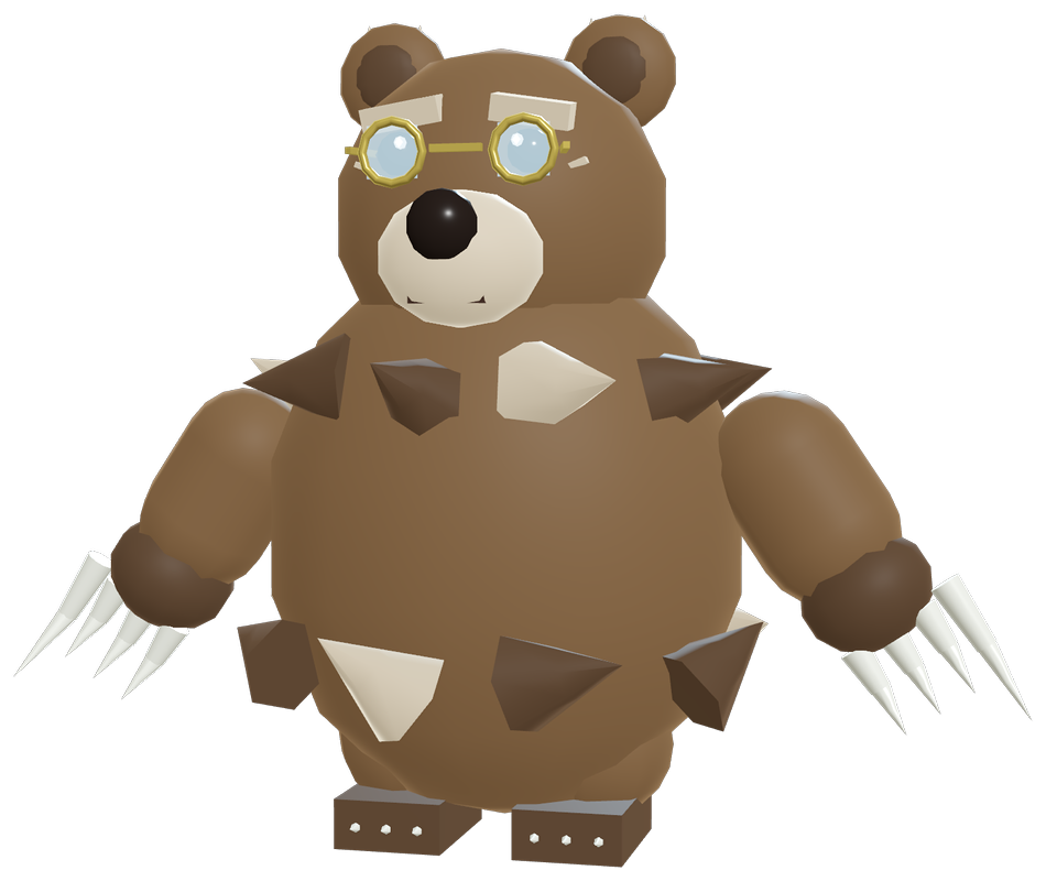 Sharp, a big brown bear with round gold glasses and long claws.