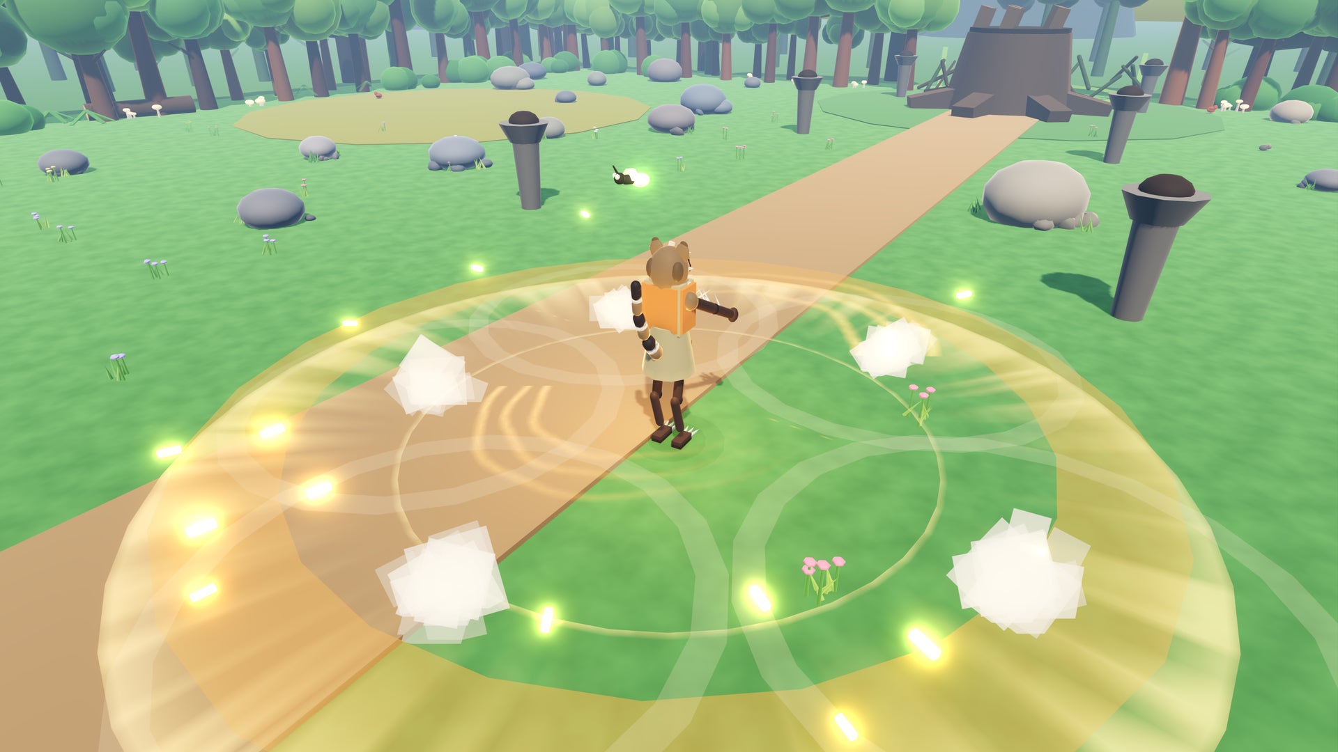 All Powers mid-spin, golden claw trails and a shockwave rippling out across the grass.